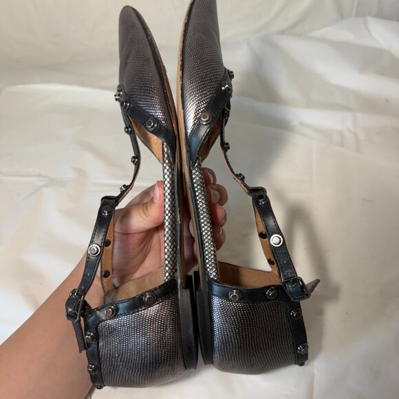 HALOGEN Olson Flats Women's 7 Studded T-Strap Black GREY Leather Edgy Workwear - Picture 6 of 15